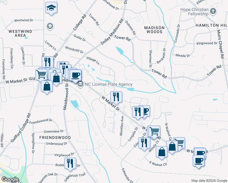 map of restaurants, bars, coffee shops, grocery stores, and more near 117 Village Lane in Greensboro