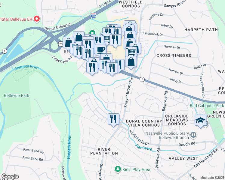 map of restaurants, bars, coffee shops, grocery stores, and more near 8207 Sawyer Brown Road in Nashville