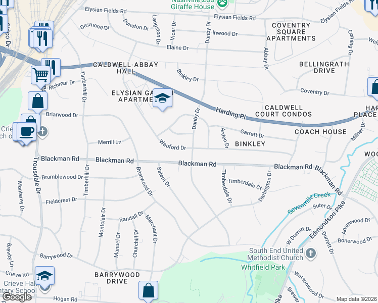 map of restaurants, bars, coffee shops, grocery stores, and more near 4817 Danby Drive in Nashville