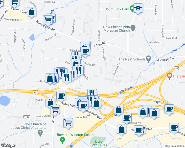 map of restaurants, bars, coffee shops, grocery stores, and more near 302 Mar-Don Hills Court in Winston-Salem