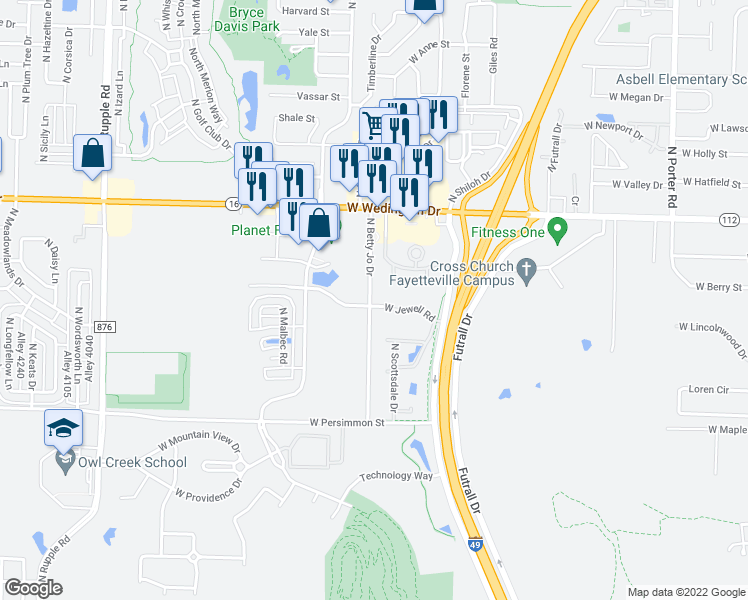 map of restaurants, bars, coffee shops, grocery stores, and more near 3252 West Jewell Road in Fayetteville