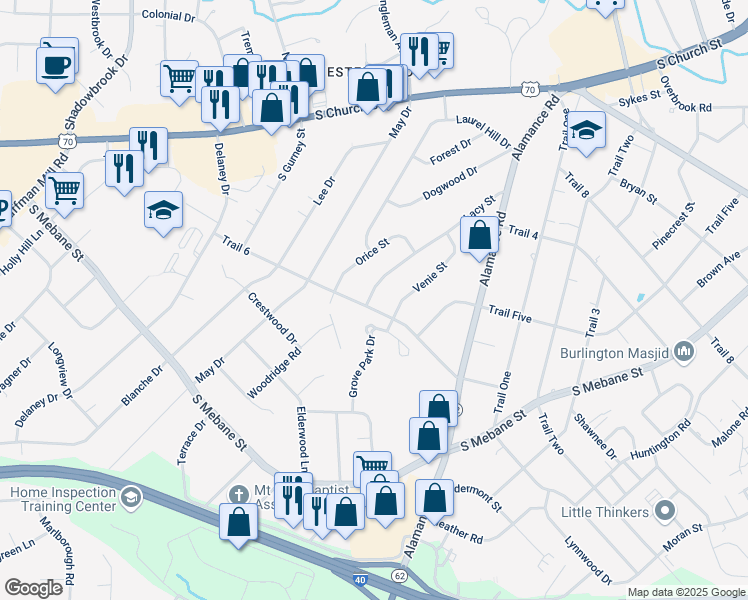 map of restaurants, bars, coffee shops, grocery stores, and more near 2442 Lacy Street in Burlington
