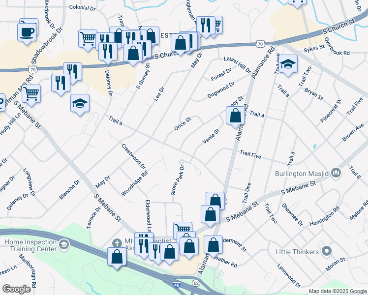 map of restaurants, bars, coffee shops, grocery stores, and more near 2442 Lacy Street in Burlington
