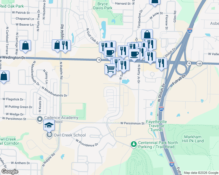 map of restaurants, bars, coffee shops, grocery stores, and more near 740 North Malbec Road in Fayetteville