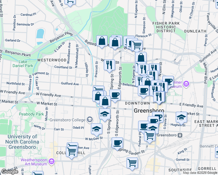 map of restaurants, bars, coffee shops, grocery stores, and more near 227 North Spring Street in Greensboro