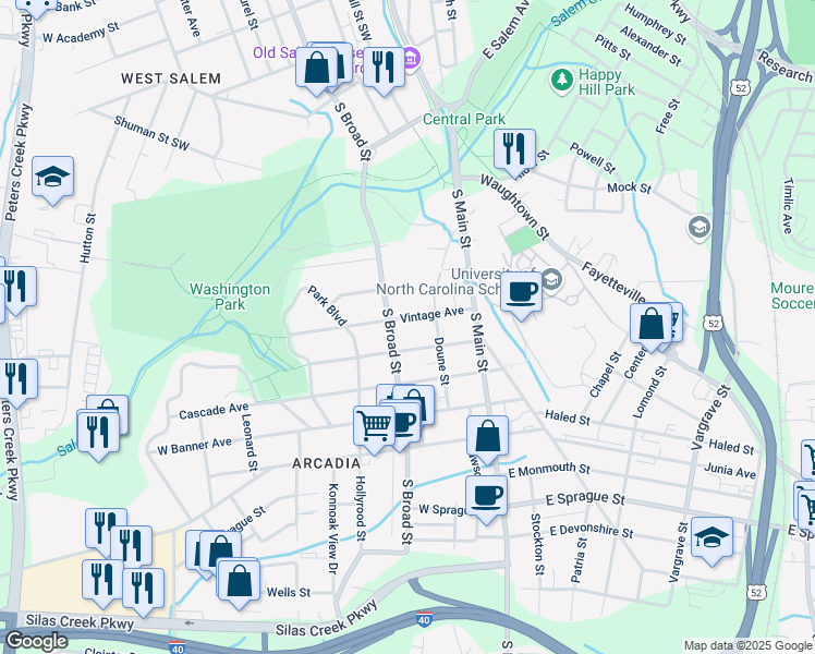 map of restaurants, bars, coffee shops, grocery stores, and more near 119 Gloria Avenue in Winston-Salem