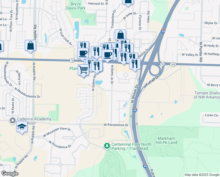map of restaurants, bars, coffee shops, grocery stores, and more near 3314 West Jewell Road in Fayetteville