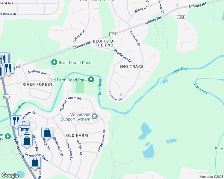 map of restaurants, bars, coffee shops, grocery stores, and more near 4327 Lazyriver Drive in Durham