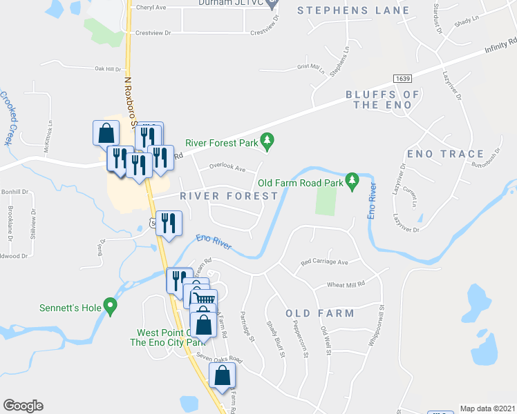 map of restaurants, bars, coffee shops, grocery stores, and more near 316 Omega Road in Durham