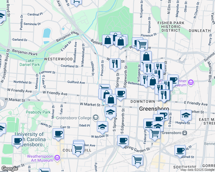 map of restaurants, bars, coffee shops, grocery stores, and more near 229 North Cedar Street in Greensboro