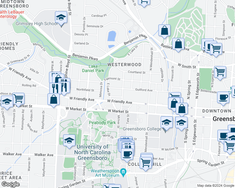 map of restaurants, bars, coffee shops, grocery stores, and more near in Greensboro
