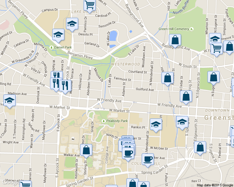 map of restaurants, bars, coffee shops, grocery stores, and more near in Greensboro