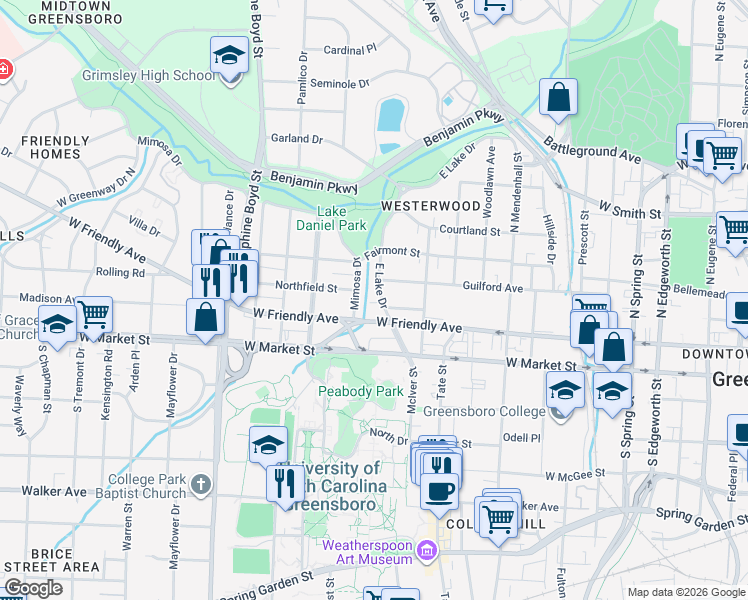 map of restaurants, bars, coffee shops, grocery stores, and more near 1320 West Friendly Avenue in Greensboro