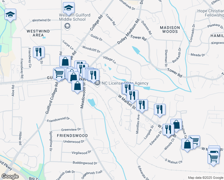 map of restaurants, bars, coffee shops, grocery stores, and more near 5604 West Market Street in Greensboro