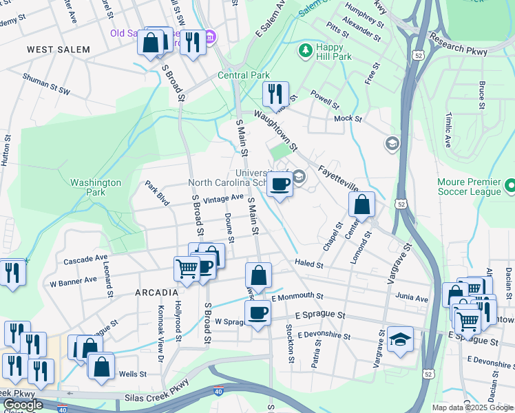 map of restaurants, bars, coffee shops, grocery stores, and more near 1801 Sunnyside Avenue in Winston-Salem