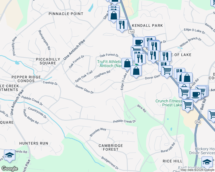 map of restaurants, bars, coffee shops, grocery stores, and more near 744 Dover Glen Drive in Nashville