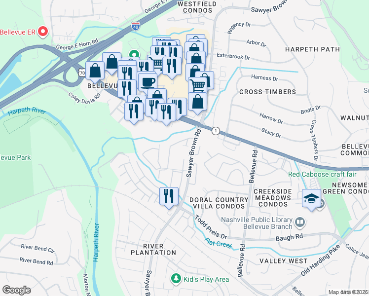 map of restaurants, bars, coffee shops, grocery stores, and more near in Nashville