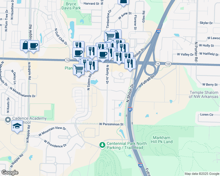 map of restaurants, bars, coffee shops, grocery stores, and more near 3252 West Jewell Road in Fayetteville