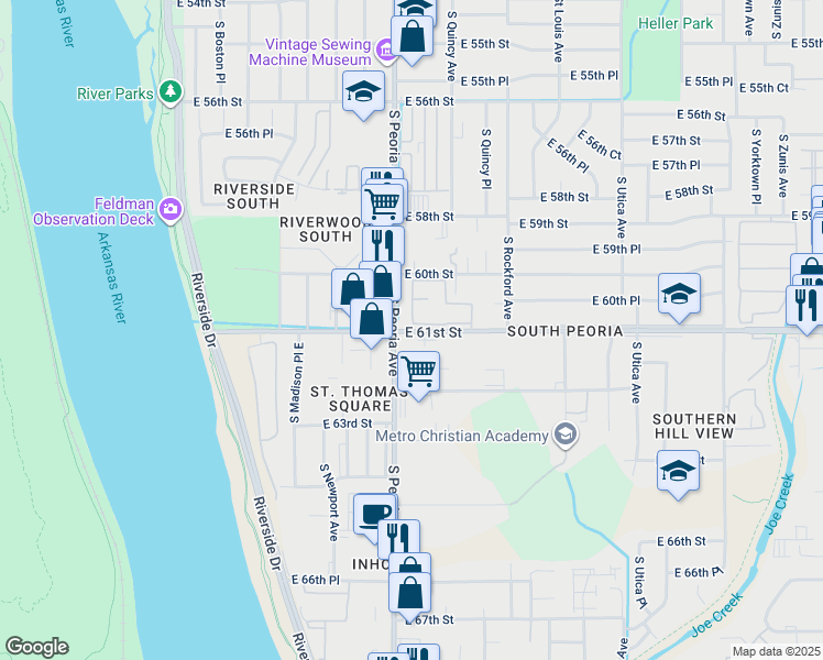 map of restaurants, bars, coffee shops, grocery stores, and more near in Tulsa