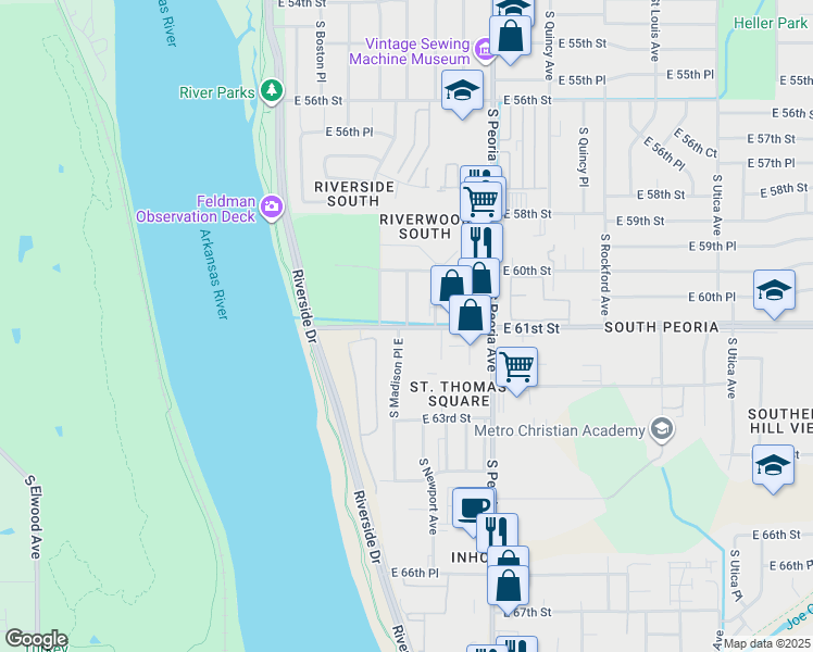 map of restaurants, bars, coffee shops, grocery stores, and more near 6107 South Madison Place in Tulsa
