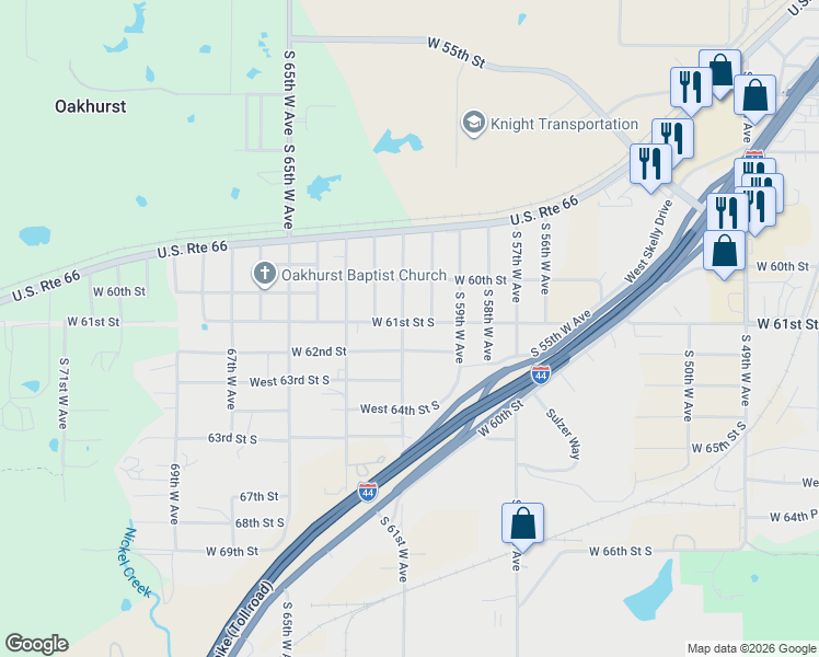 map of restaurants, bars, coffee shops, grocery stores, and more near 6005 West 62nd Street in Tulsa