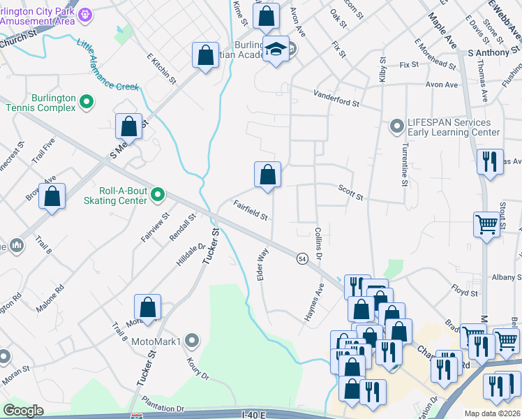 map of restaurants, bars, coffee shops, grocery stores, and more near 738 Fairfield Street in Burlington