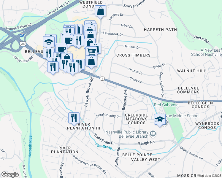 map of restaurants, bars, coffee shops, grocery stores, and more near 616 Parkvue Place Drive in Nashville