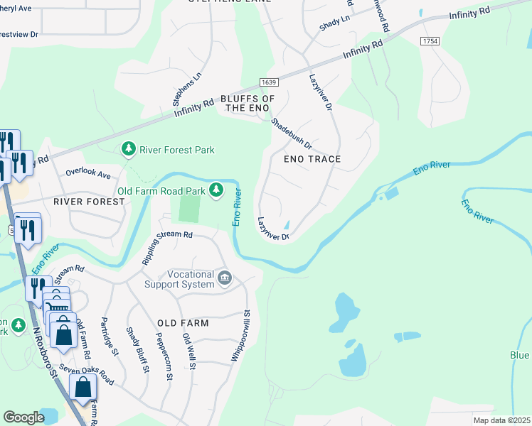 map of restaurants, bars, coffee shops, grocery stores, and more near 4327 Lazyriver Drive in Durham