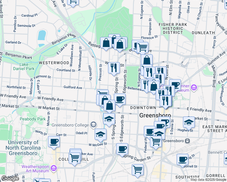 map of restaurants, bars, coffee shops, grocery stores, and more near 227 North Spring Street in Greensboro