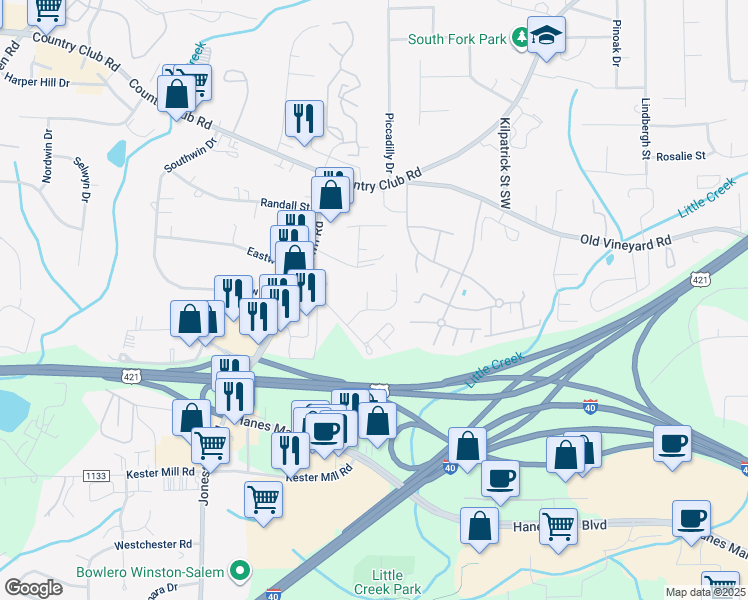 map of restaurants, bars, coffee shops, grocery stores, and more near 307 Mar-Don Hills Court in Winston-Salem