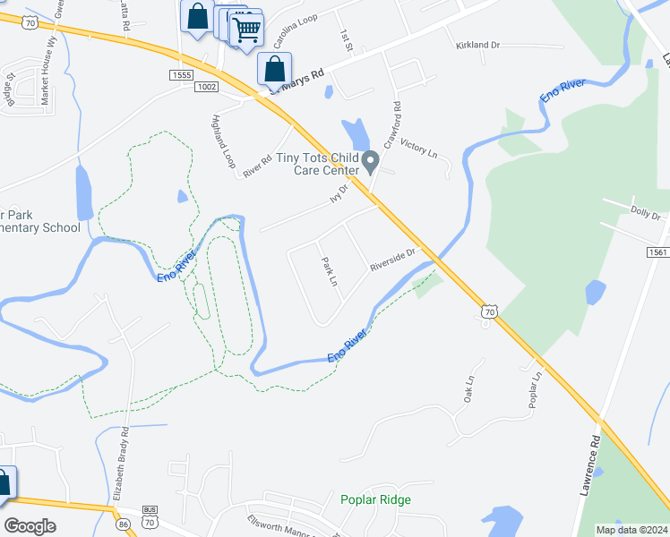 map of restaurants, bars, coffee shops, grocery stores, and more near 1516 Park Lane in Hillsborough