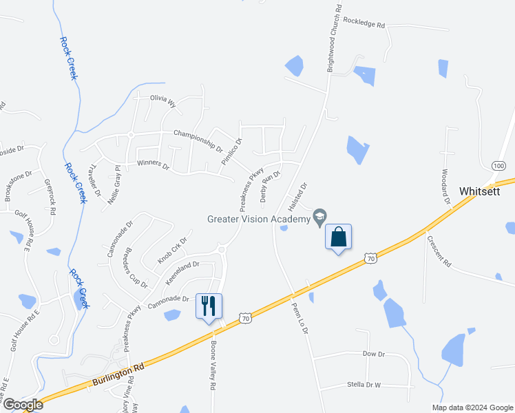 map of restaurants, bars, coffee shops, grocery stores, and more near 6793 Derby Run Drive in Whitsett