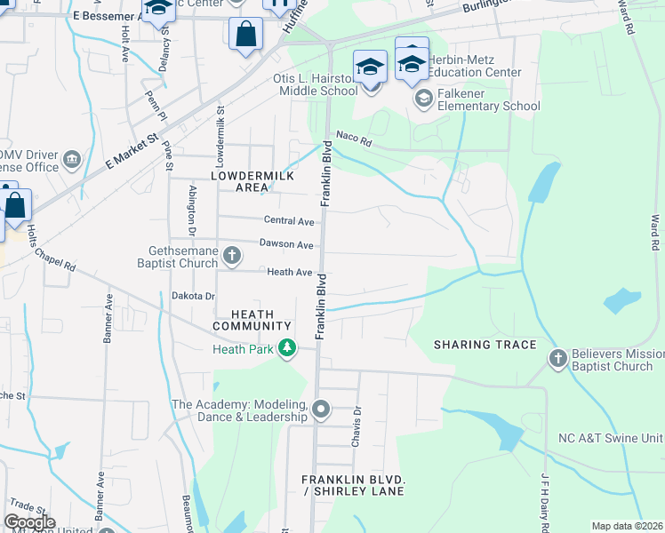 map of restaurants, bars, coffee shops, grocery stores, and more near 403 Franklin Boulevard in Greensboro