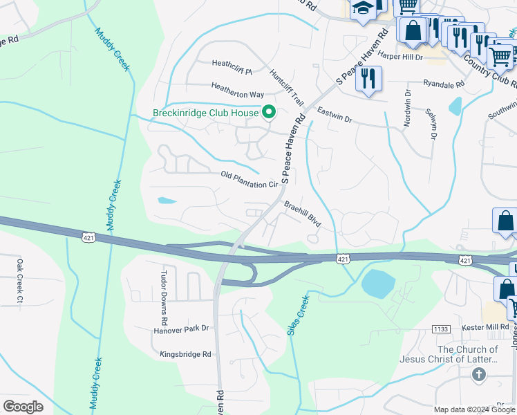 map of restaurants, bars, coffee shops, grocery stores, and more near 5313 Summit Heights Drive in Winston-Salem
