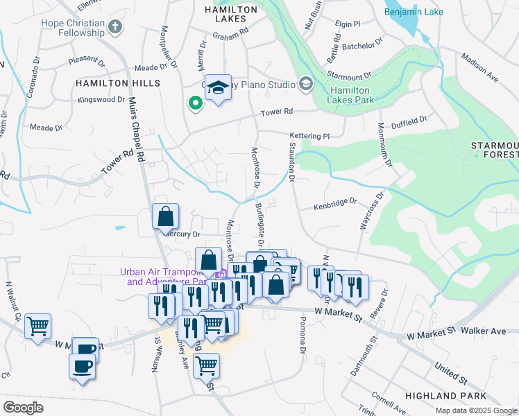 map of restaurants, bars, coffee shops, grocery stores, and more near 401 Burlingate Drive in Greensboro