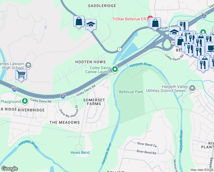 map of restaurants, bars, coffee shops, grocery stores, and more near 2532 Newsome Mill Lane in Nashville