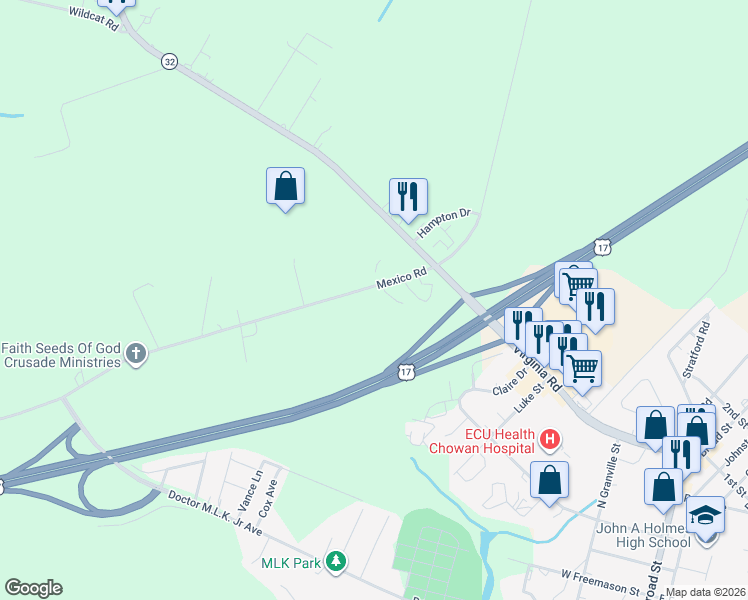 map of restaurants, bars, coffee shops, grocery stores, and more near 113 Mexico Road in Edenton