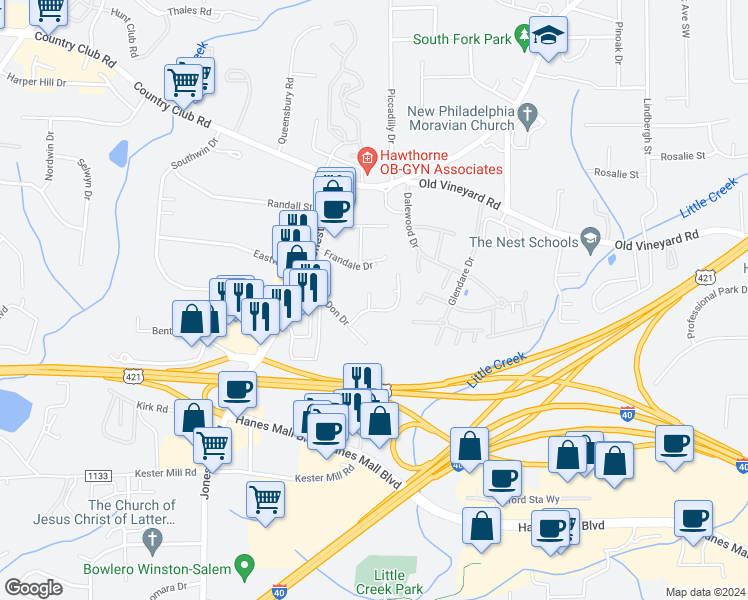 map of restaurants, bars, coffee shops, grocery stores, and more near 311 Mar-Don Hills Court in Winston-Salem