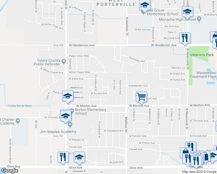 map of restaurants, bars, coffee shops, grocery stores, and more near Balmayne Street in Porterville