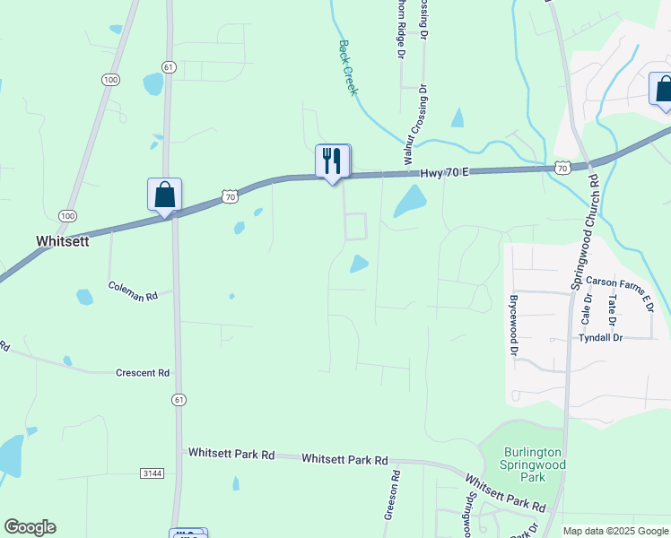 map of restaurants, bars, coffee shops, grocery stores, and more near 123 Cape Fear Drive in Whitsett