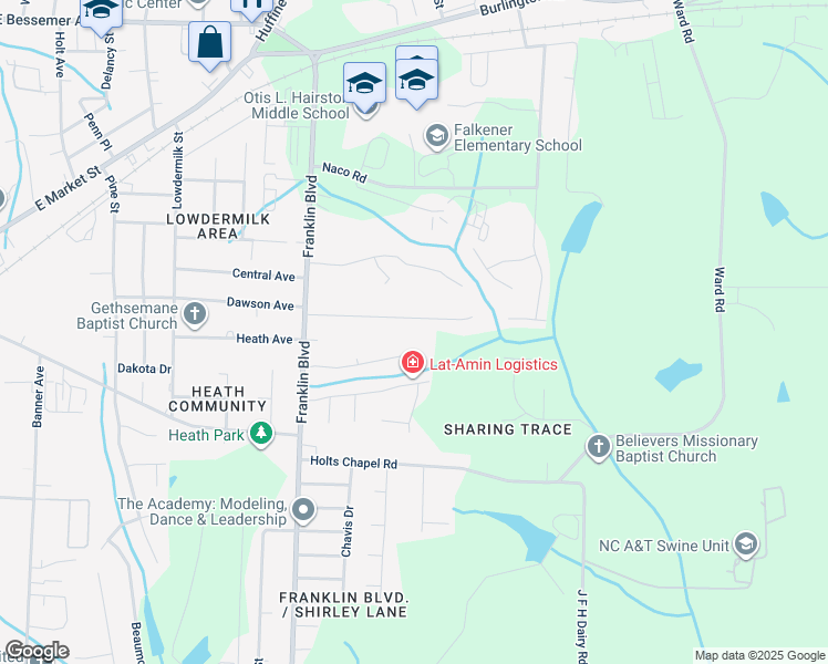 map of restaurants, bars, coffee shops, grocery stores, and more near 3934 Eastland Avenue in Greensboro
