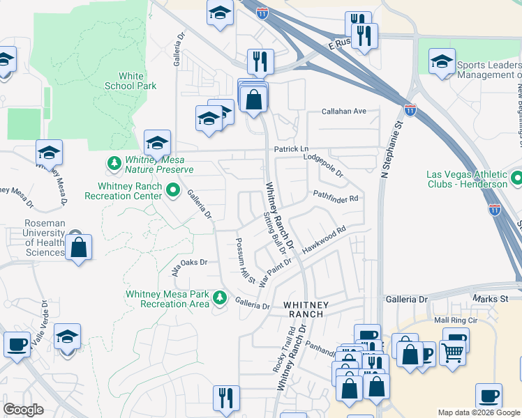 map of restaurants, bars, coffee shops, grocery stores, and more near 933 Sitting Bull Drive in Henderson