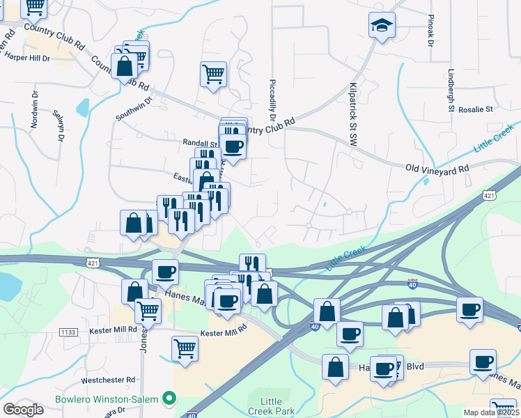 map of restaurants, bars, coffee shops, grocery stores, and more near 313 Mar-Don Hills Court in Winston-Salem