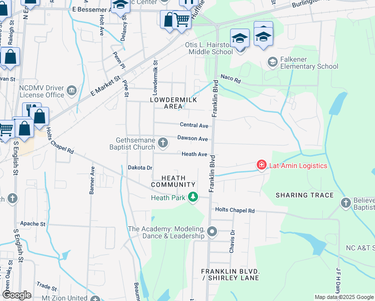 map of restaurants, bars, coffee shops, grocery stores, and more near in Greensboro