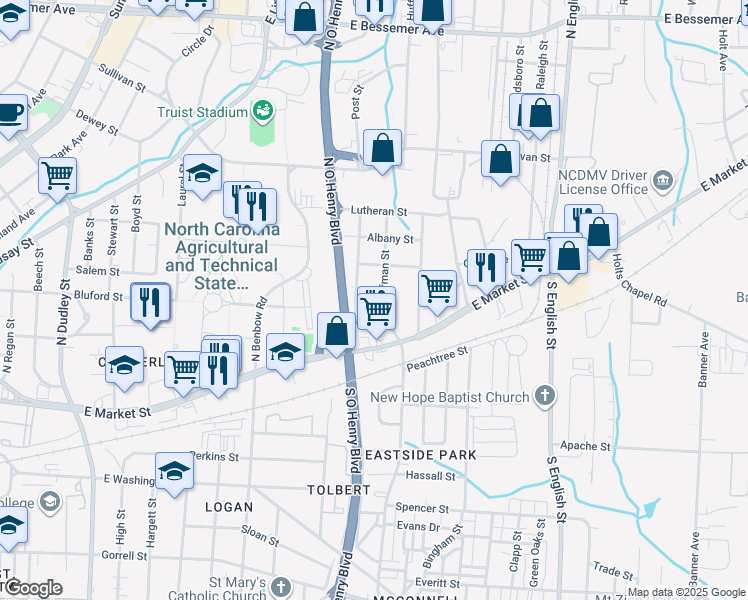 map of restaurants, bars, coffee shops, grocery stores, and more near 2004 Stamey Street in Greensboro