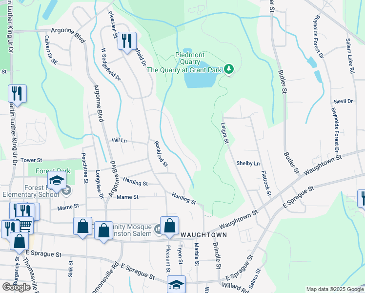 map of restaurants, bars, coffee shops, grocery stores, and more near 1615 Marble Street in Winston-Salem