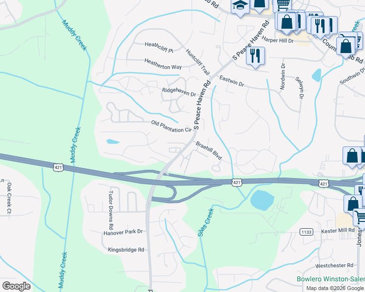 map of restaurants, bars, coffee shops, grocery stores, and more near in Winston-Salem