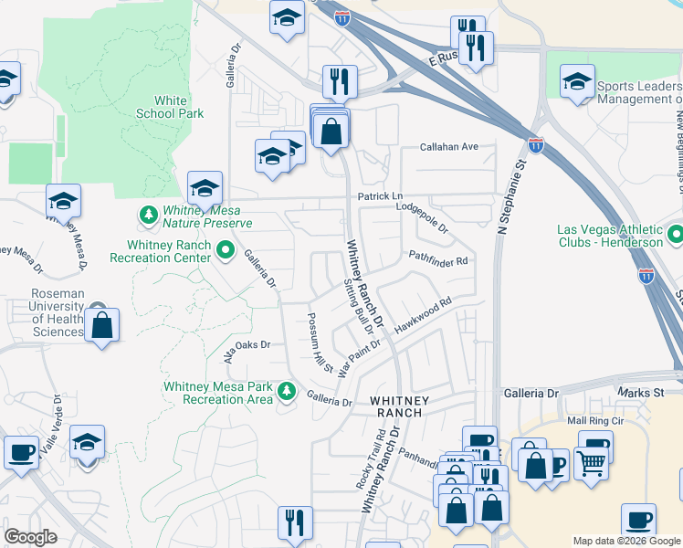 map of restaurants, bars, coffee shops, grocery stores, and more near 933 Sitting Bull Drive in Henderson