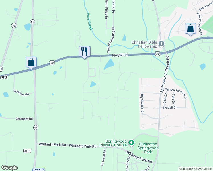 map of restaurants, bars, coffee shops, grocery stores, and more near 109 Frissell Rd in Whitsett