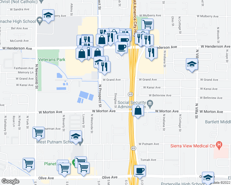 map of restaurants, bars, coffee shops, grocery stores, and more near 521 North Douglas Street in Porterville